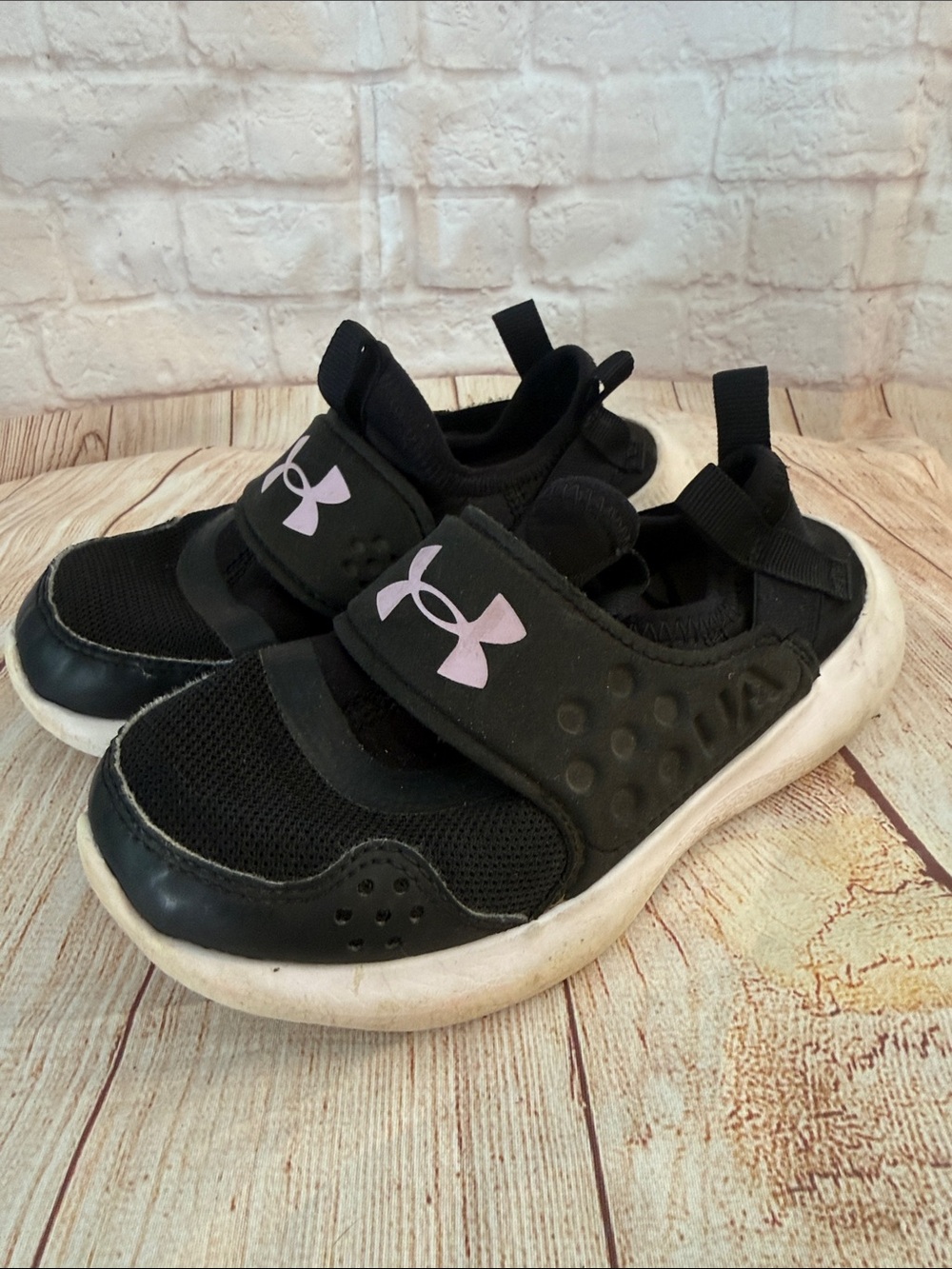 Under Armour Kids Black Slip-On Sneakers with Light Pink Logo- Size 11 Toddler